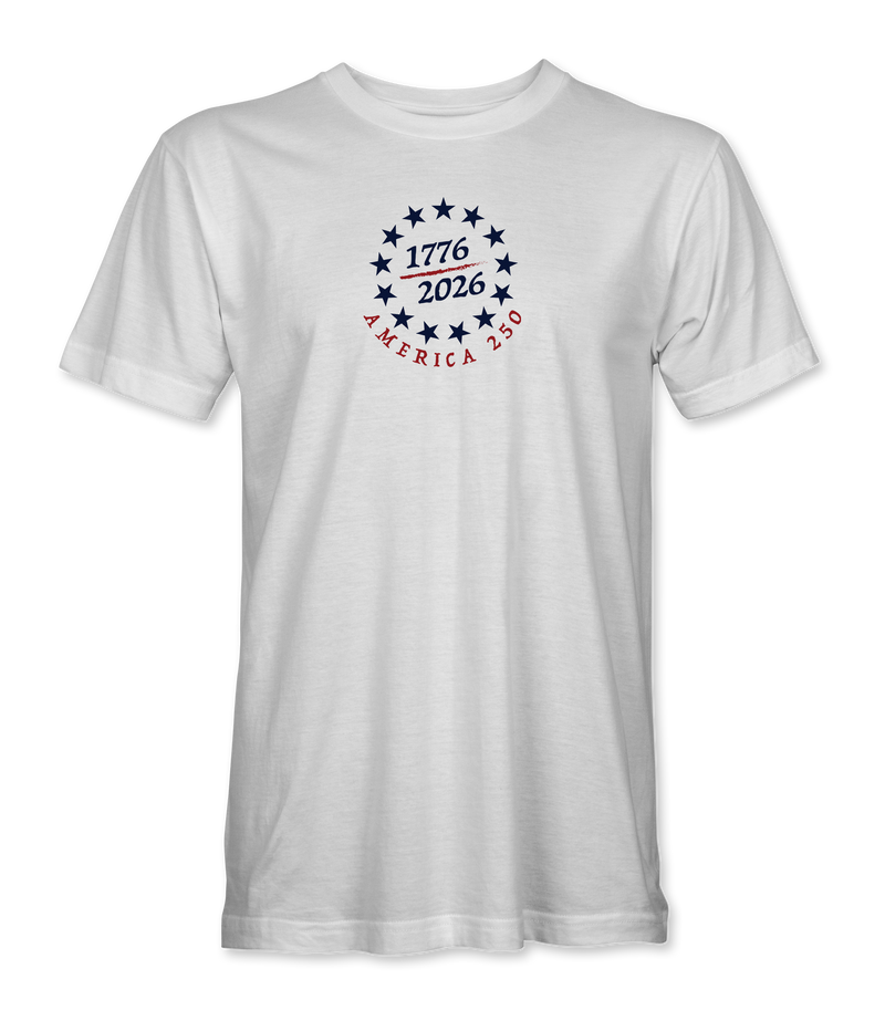 The Alex Jones Store - White unisex tee with navy '1776/2026 America 250' circular star wreath emblem on front chest, premium ringspun cotton