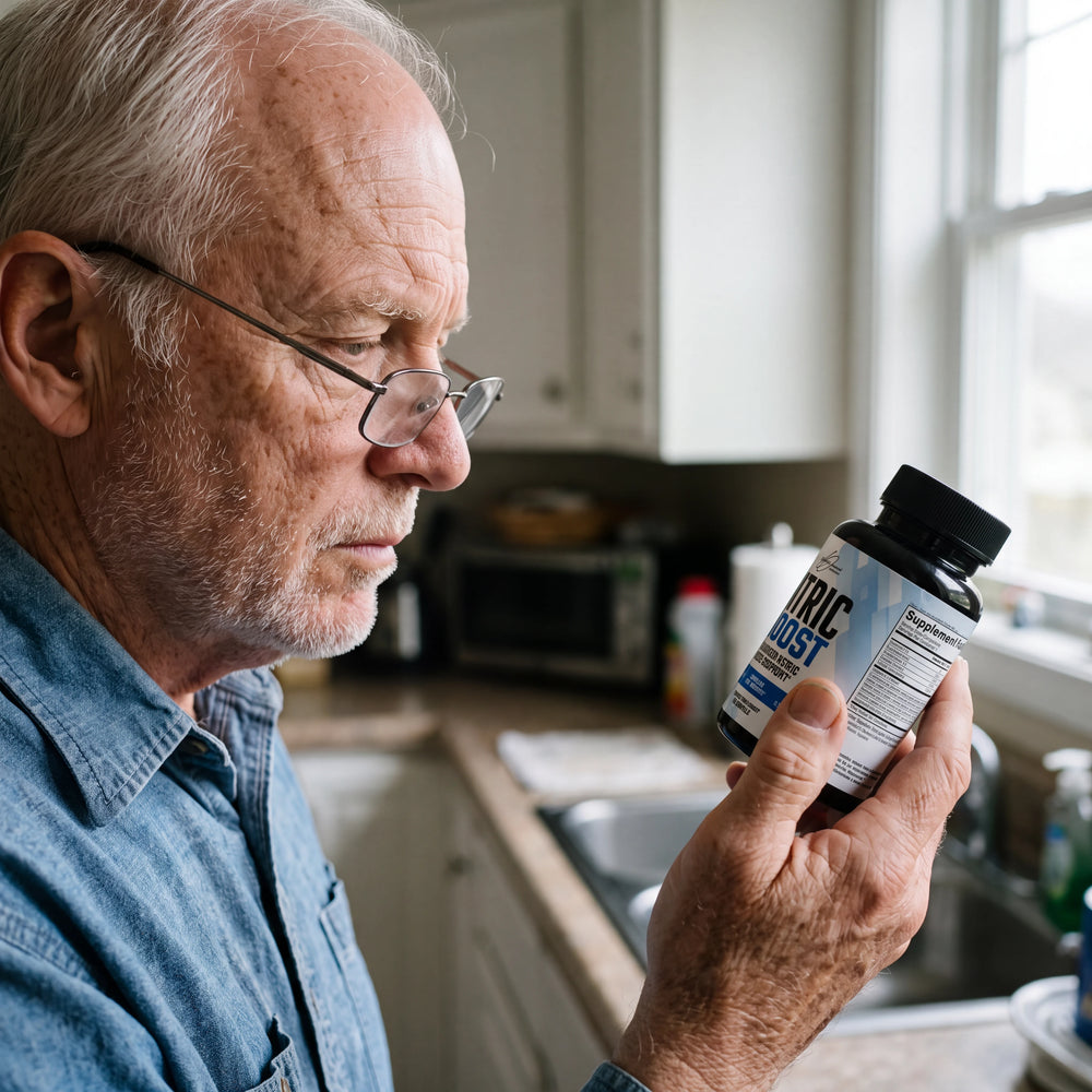 A man in reading glasses turning a bottle of Nitric Boost to read the label