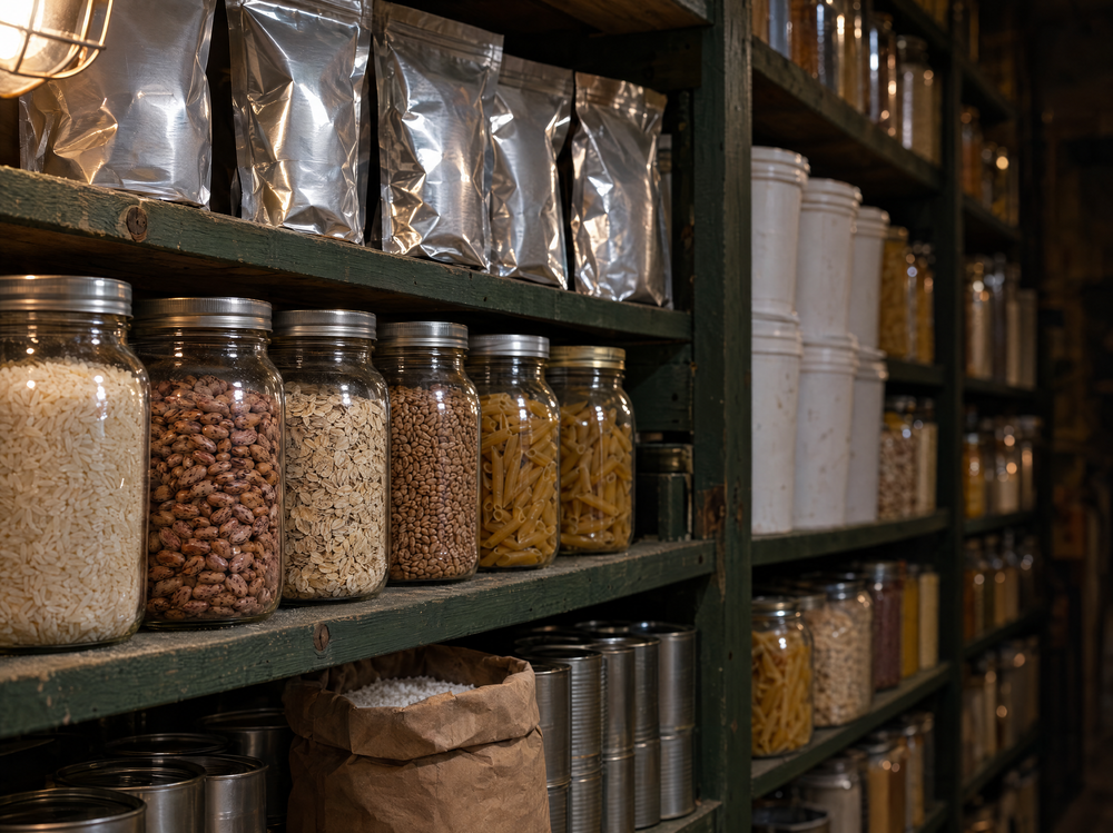 Shelves of long-term food storage — sealed pouches, buckets and mason jars of rice, beans and oats
