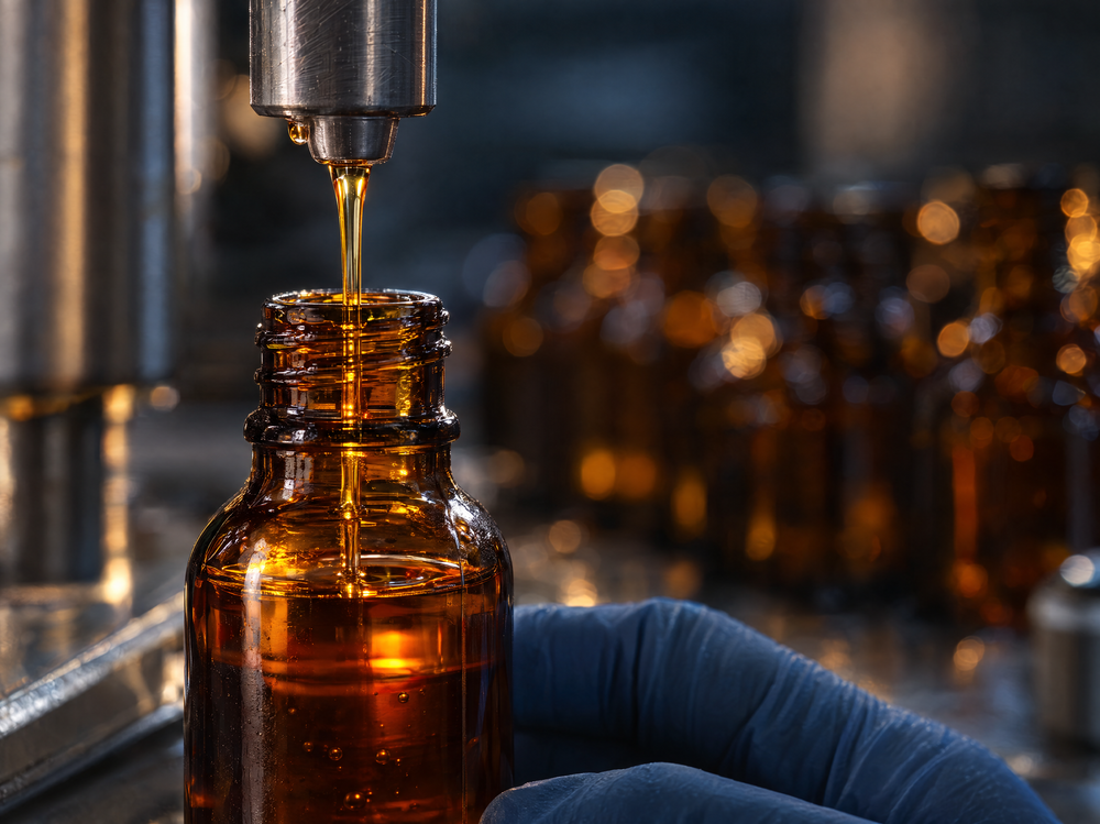 Close-up of an unlabelled amber dropper bottle being hand-filled with deep amber tincture