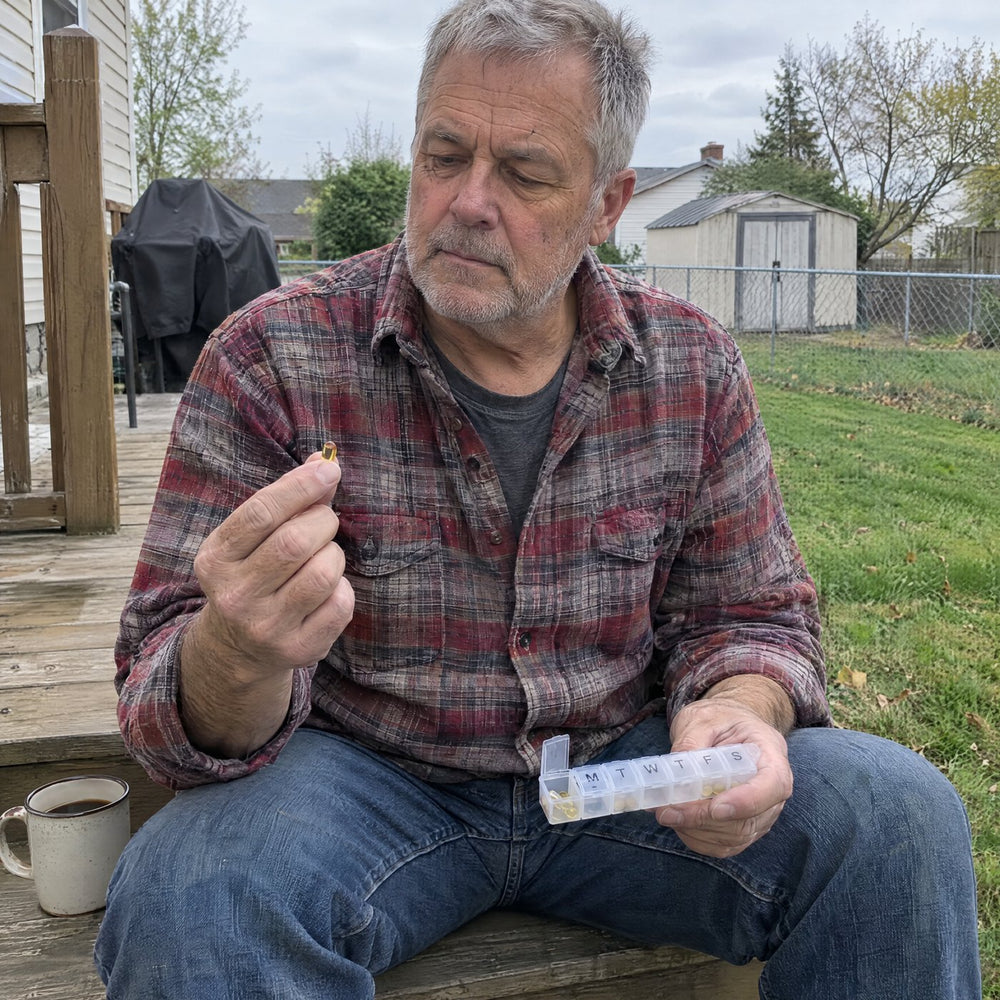 Man on his porch taking his vitamin D from a weekly pill organizer