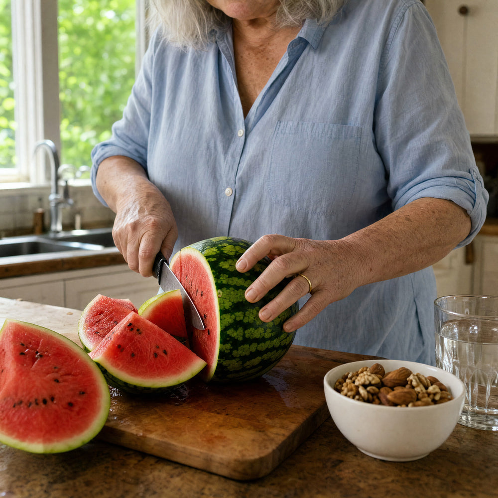 A woman slicing a watermelon on a cutting board next to a bowl of almonds and walnuts