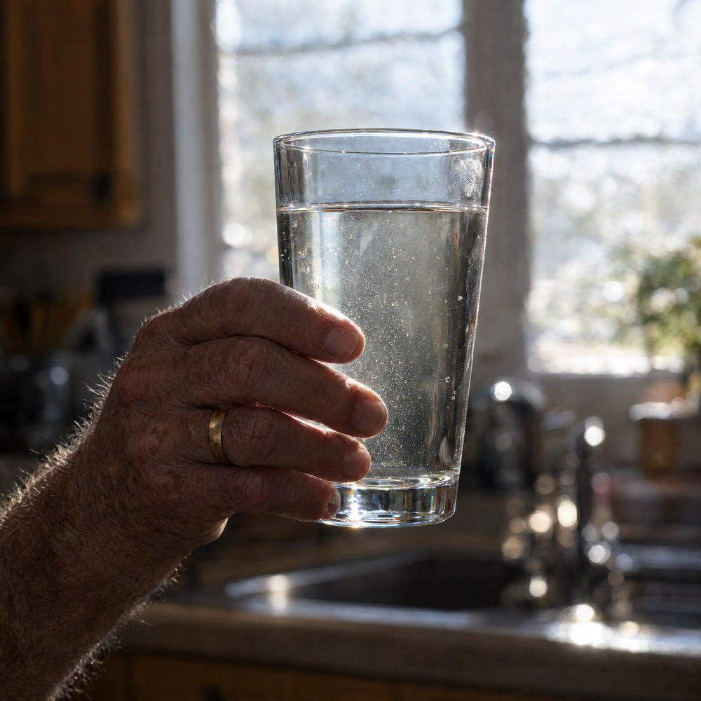 A glass of tap water held to the window light with faint particles suspended in it