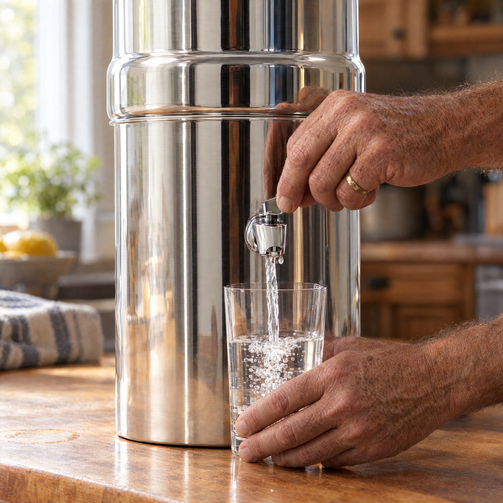 Clear filtered water pouring from the spigot into a glass