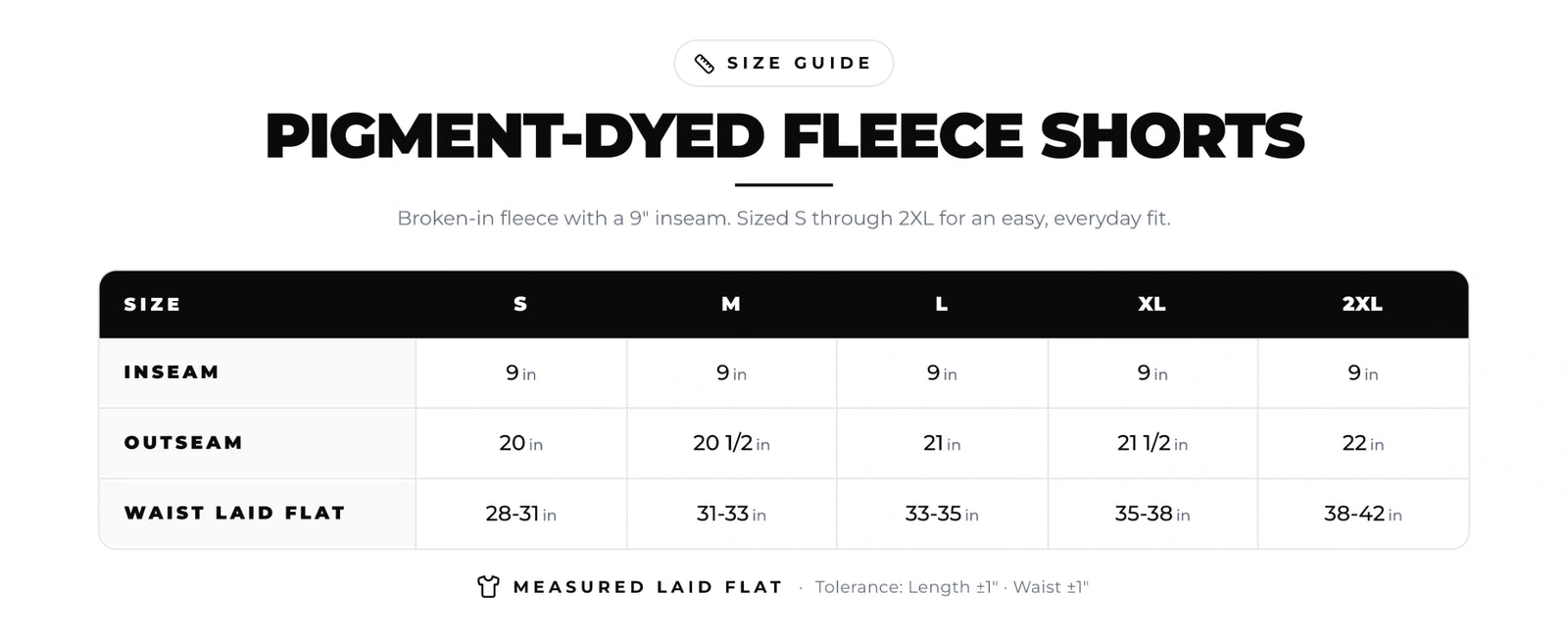 Pigment-Dyed Fleece Shorts size chart