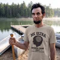 Abraham Lincoln wearing the MK Ultra Summer Camp t-shirt in sand