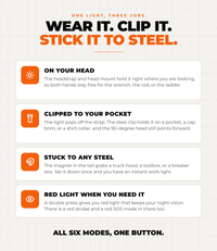 Three ways to use it - on your head, clipped to your pocket, stuck to any steel, plus red light mode