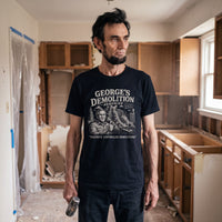 Abraham Lincoln wearing the George's Demolition Services t-shirt in black