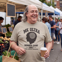 Benjamin Franklin wearing the MK Ultra Summer Camp t-shirt in sand