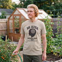 Thomas Jefferson wearing the MK Ultra Summer Camp t-shirt in sand