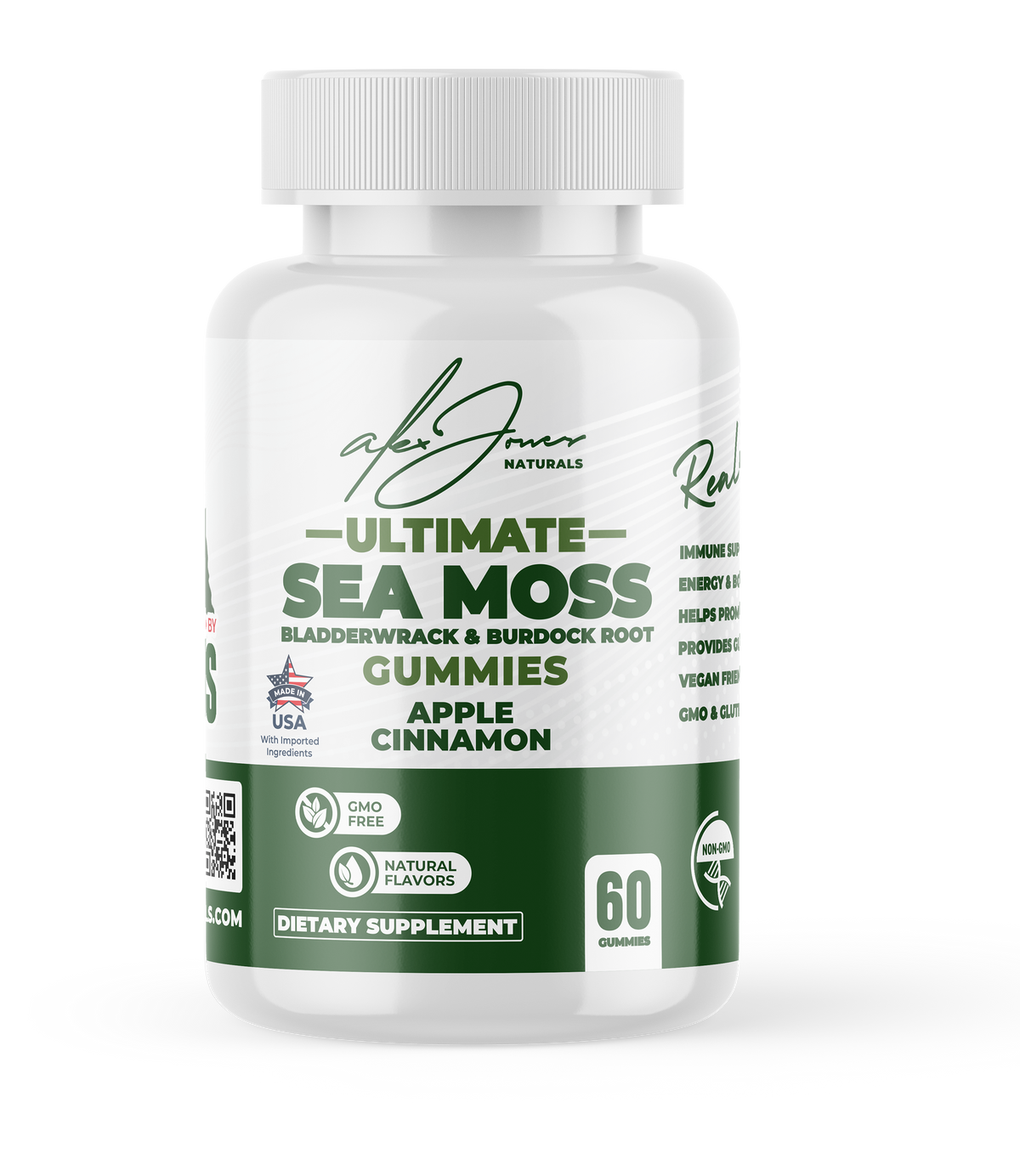 Alex Jones Naturals - White bottle of Alex Jones Naturals Ultimate Sea Moss Gummies with Bladderwrack and Burdock Root, Apple Cinnamon 60 count