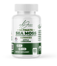 Alex Jones Naturals - White bottle of Alex Jones Naturals Ultimate Sea Moss Gummies with Bladderwrack and Burdock Root, Apple Cinnamon 60 count