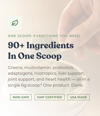 Alex Jones Naturals - Marketing graphic for Optimal Human Superfood Greens with text 90+ Ingredients In One Scoop, Non-GMO, GMP Certified, USA Made