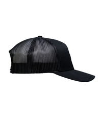 The Alex Jones Store - Rebellion To Tyrants Is Obedience To God Premium Embroidered Hat — Side profile of black trucker hat with black mesh back panel, curved brim, premium structured crown - Rebellion patch hat