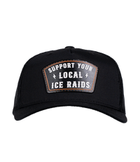 The Alex Jones Store - Black trucker patch hat front view with 'Support Your Local ICE Raids' leather patch and lightning bolt design