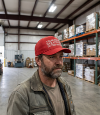 The Alex Jones Store - Man in red 'Thank You For Your Attention To This Matter' embroidered cap standing inside a warehouse with pallet racks behind him