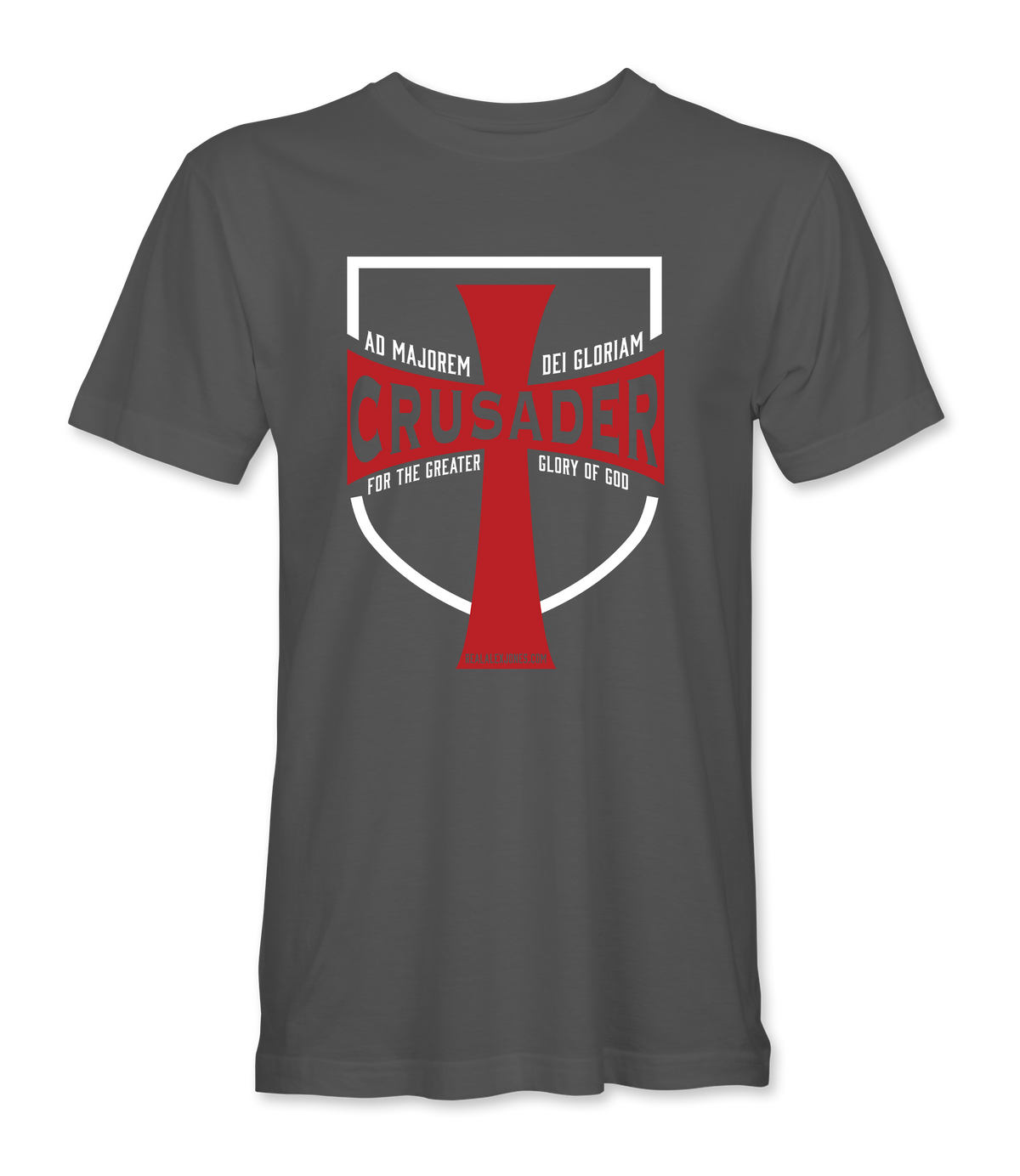 The Alex Jones Store - Charcoal gray t-shirt with red and white Crusader cross shield design reading 'Ad Majorem Dei Gloriam For The Greater Glory of God'