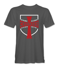 The Alex Jones Store - Charcoal gray t-shirt with red and white Crusader cross shield design reading 'Ad Majorem Dei Gloriam For The Greater Glory of God'