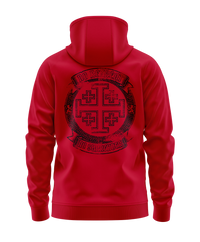 The Alex Jones Store - Back view of red Deus Vult No Retreat No Surrender hoodie with large black Jerusalem cross crest and banner text
