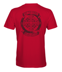 The Alex Jones Store - Back view of red Deus Vult No Retreat No Surrender t-shirt with large Jerusalem cross crest in banner medallion