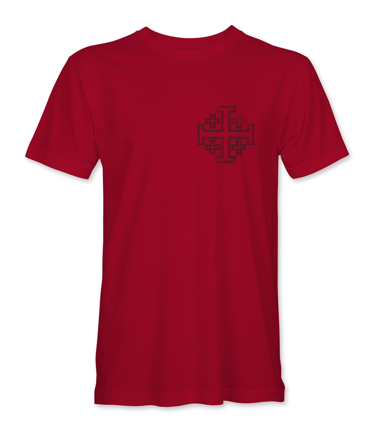 The Alex Jones Store - Red Deus Vult No Retreat No Surrender t-shirt front with small black Jerusalem cross emblem on left chest