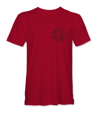 The Alex Jones Store - Red Deus Vult No Retreat No Surrender t-shirt front with small black Jerusalem cross emblem on left chest