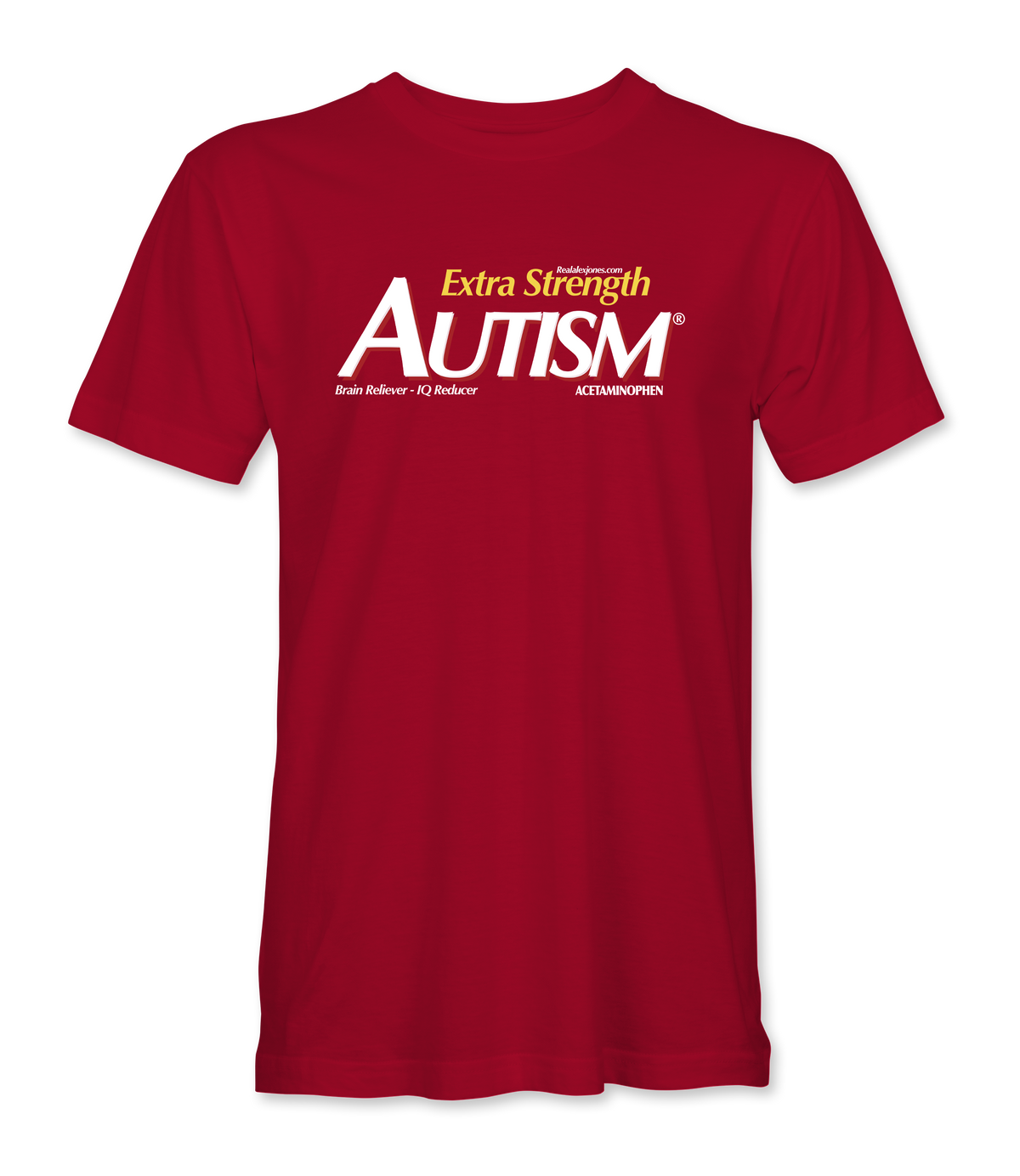 The Alex Jones Store - Red Extra Strength Autism t-shirt with parody Tylenol-style yellow and white logo, 'Brain Reliever IQ Reducer'