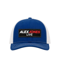 The Alex Jones Store - Royal blue and white Alex Jones Live Patch Trucker Hat with black 'Alex Jones Live' rectangle patch on the front