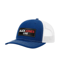 The Alex Jones Store - Side view of royal blue and white Alex Jones Live Patch Trucker Hat with stitched 'Alex Jones Live' rectangular patch