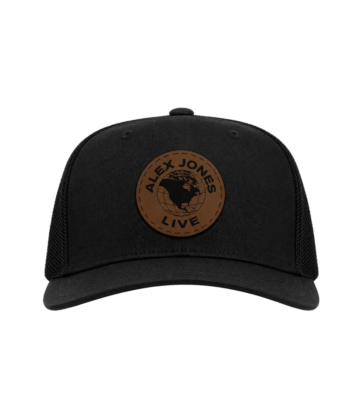 The Alex Jones Store - Black trucker hat with brown leather circle patch featuring 'Alex Jones Live' globe logo, front view
