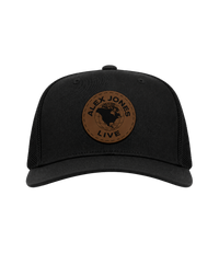The Alex Jones Store - Black trucker hat with brown leather circle patch featuring 'Alex Jones Live' globe logo, front view