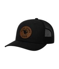 The Alex Jones Store - Black mesh-back Alex Jones Live Globe Leather Patch Hat with brown leather circular globe patch, side angle view