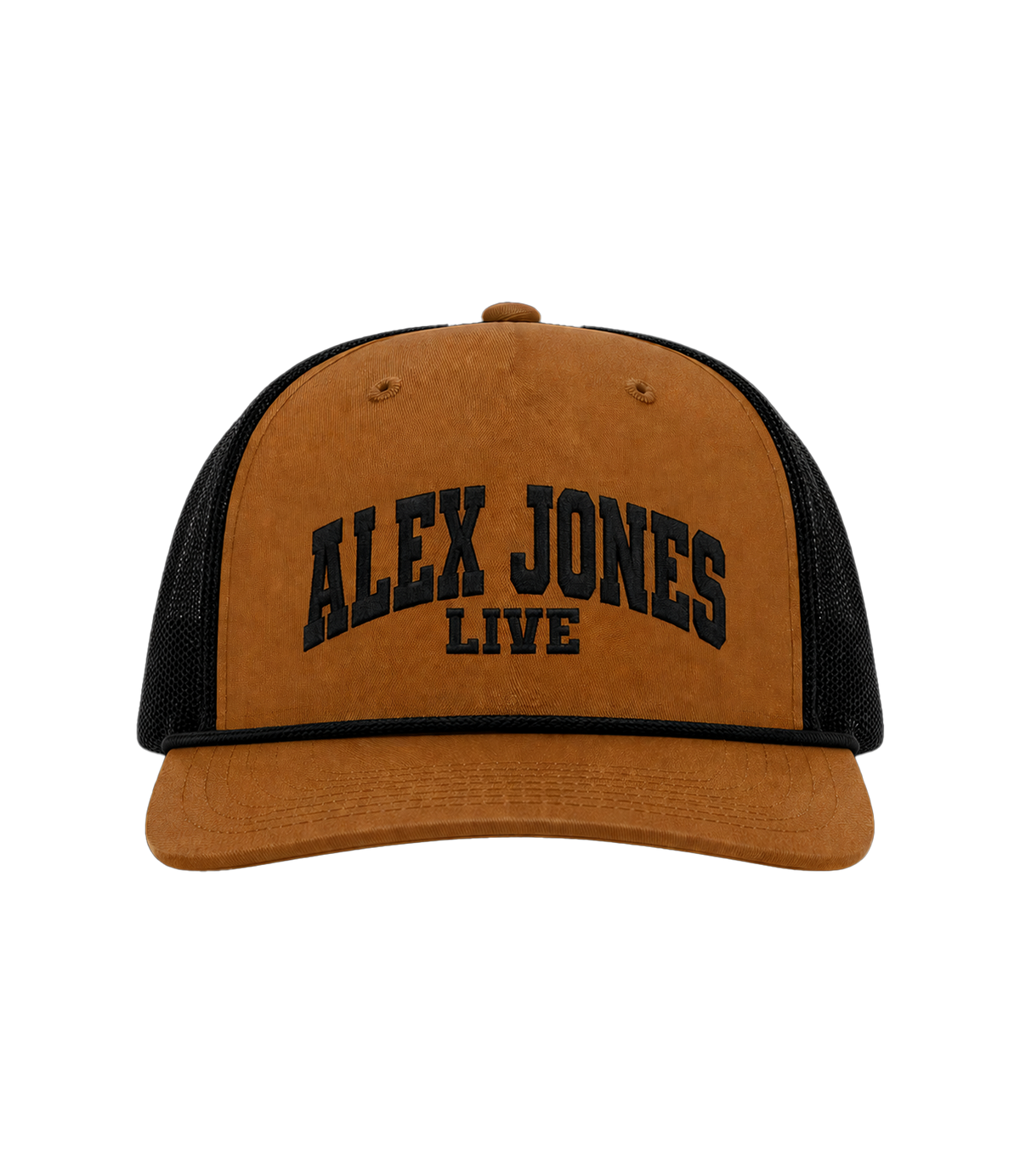 The Alex Jones Store - Tan and black Alex Jones Live Embroidered Rope Hat with collegiate 'ALEX JONES LIVE' chest embroidery, front view
