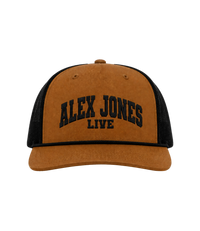 The Alex Jones Store - Tan and black Alex Jones Live Embroidered Rope Hat with collegiate 'ALEX JONES LIVE' chest embroidery, front view