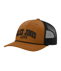 The Alex Jones Store - Side view of tan and black Alex Jones Live Tan Embroidered Rope Hat with bold arched 'Alex Jones Live' embroidery