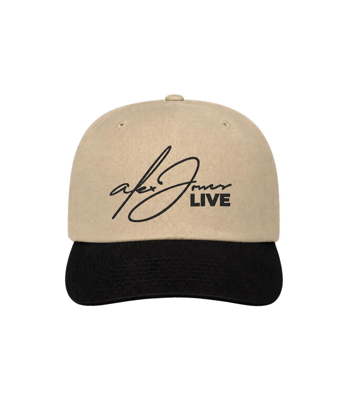 The Alex Jones Store - Tan and black Alex Jones Live Signature Trucker Hat with cursive 'Alex Jones LIVE' script embroidered on the front
