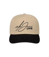 The Alex Jones Store - Tan and black Alex Jones Live Signature Trucker Hat with cursive 'Alex Jones LIVE' script embroidered on the front