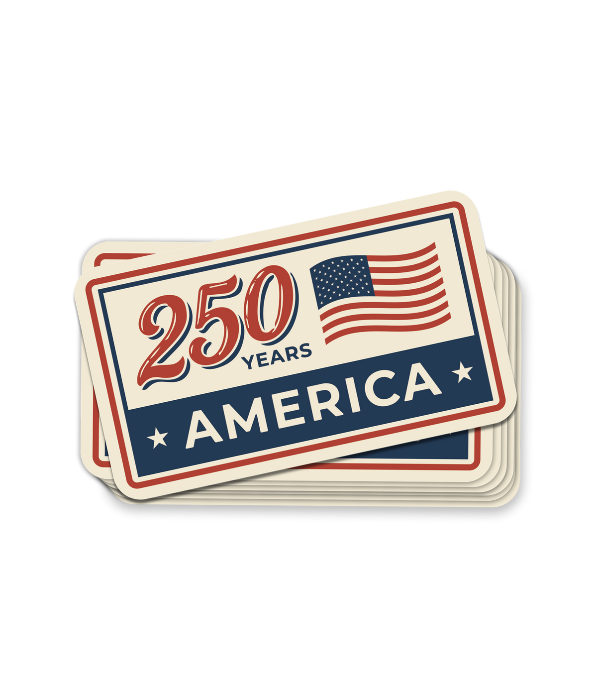 The Alex Jones Store - "250 Years" Limited Edition Decal — Stack of vintage-style '250 Years America' rectangular decals with American flag, red and navy colors, weatherproof