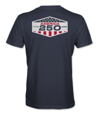 The Alex Jones Store - Back of navy America 250 Badge t-shirt with large hexagonal '1776-2026 America 250' flag emblem print