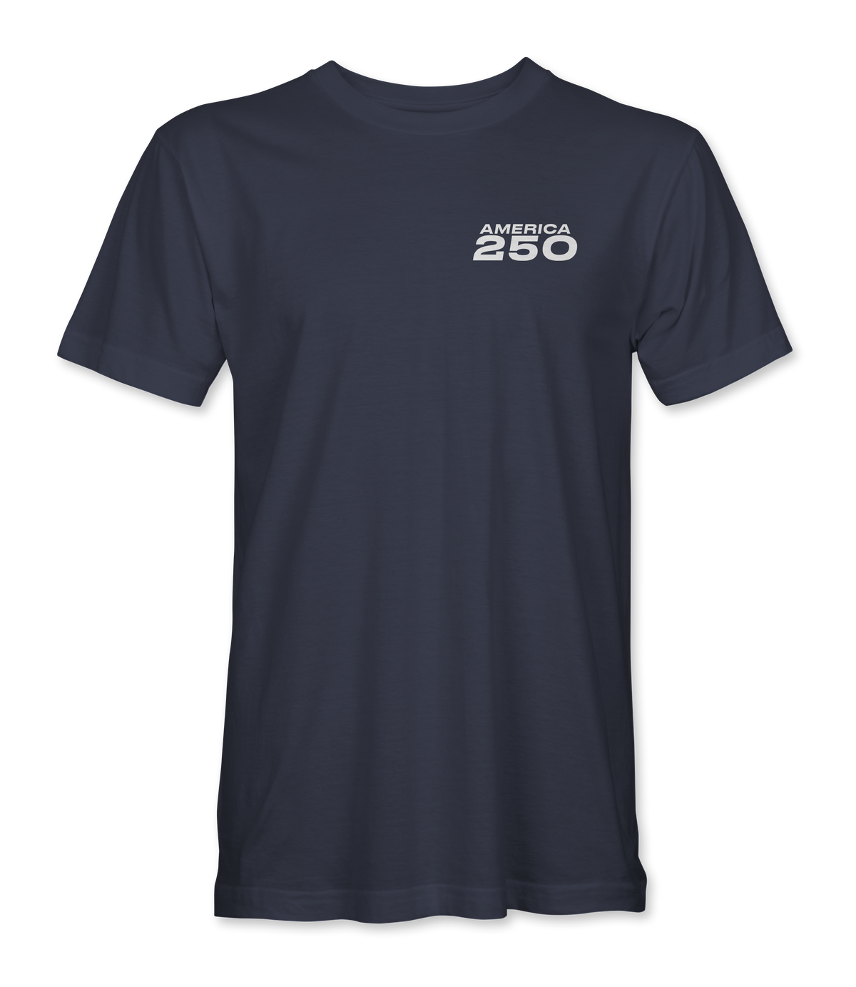 The Alex Jones Store - America 250 Badge T-Shirt — Front of navy unisex tee with small white 'America 250' block logo on left chest, premium ringspun cotton