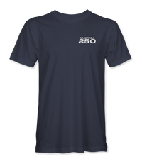 The Alex Jones Store - America 250 Badge T-Shirt — Front of navy unisex tee with small white 'America 250' block logo on left chest, premium ringspun cotton