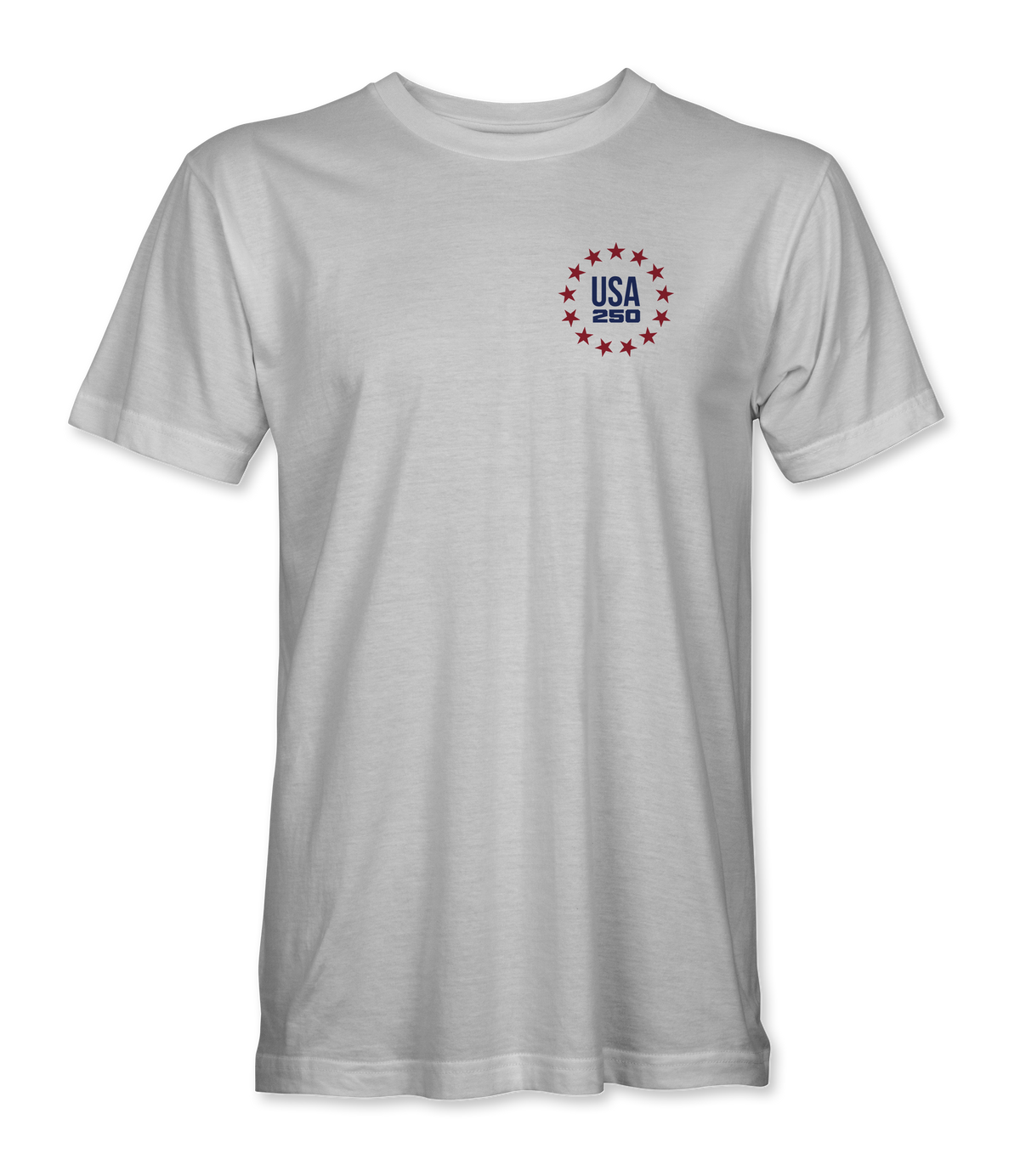 The Alex Jones Store - America 250 1775 License Plate T-Shirt — Front of white tee with small red and navy 'USA 250' star wreath logo on left chest, America 250 design