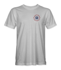 The Alex Jones Store - America 250 1775 License Plate T-Shirt — Front of white tee with small red and navy 'USA 250' star wreath logo on left chest, America 250 design