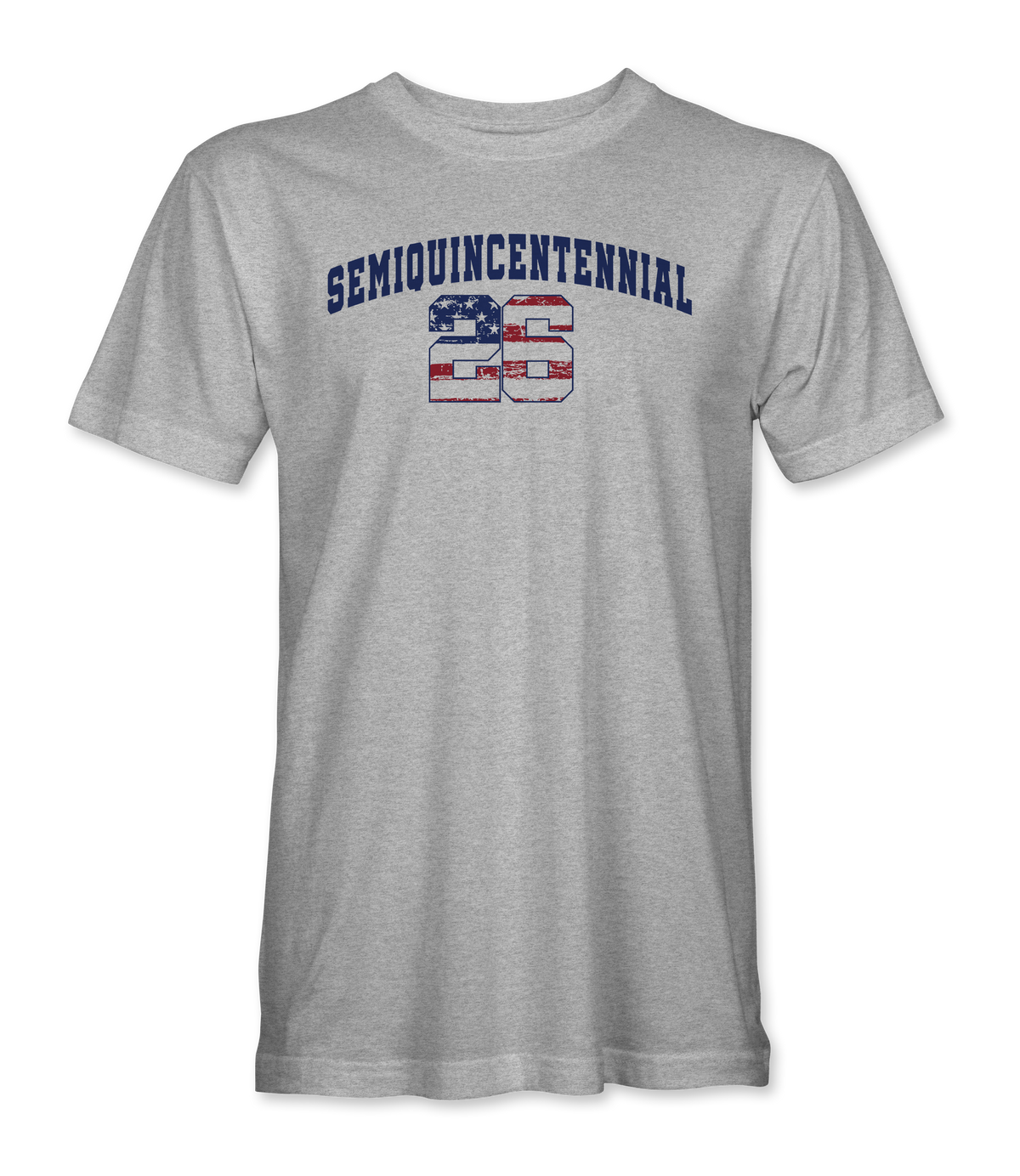 The Alex Jones Store - Heather gray Semiquincentennial 26 t-shirt with bold collegiate '26' lettering filled with American flag pattern