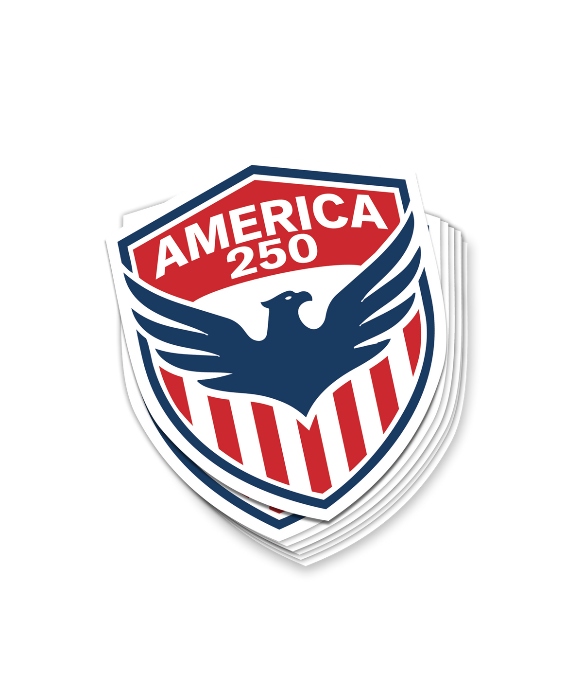 The Alex Jones Store - "America 250" Limited Edition Decal — Stack of shield-shaped 'America 250' decals with navy eagle, red and white stripes, peel-and-stick weatherproof vinyl