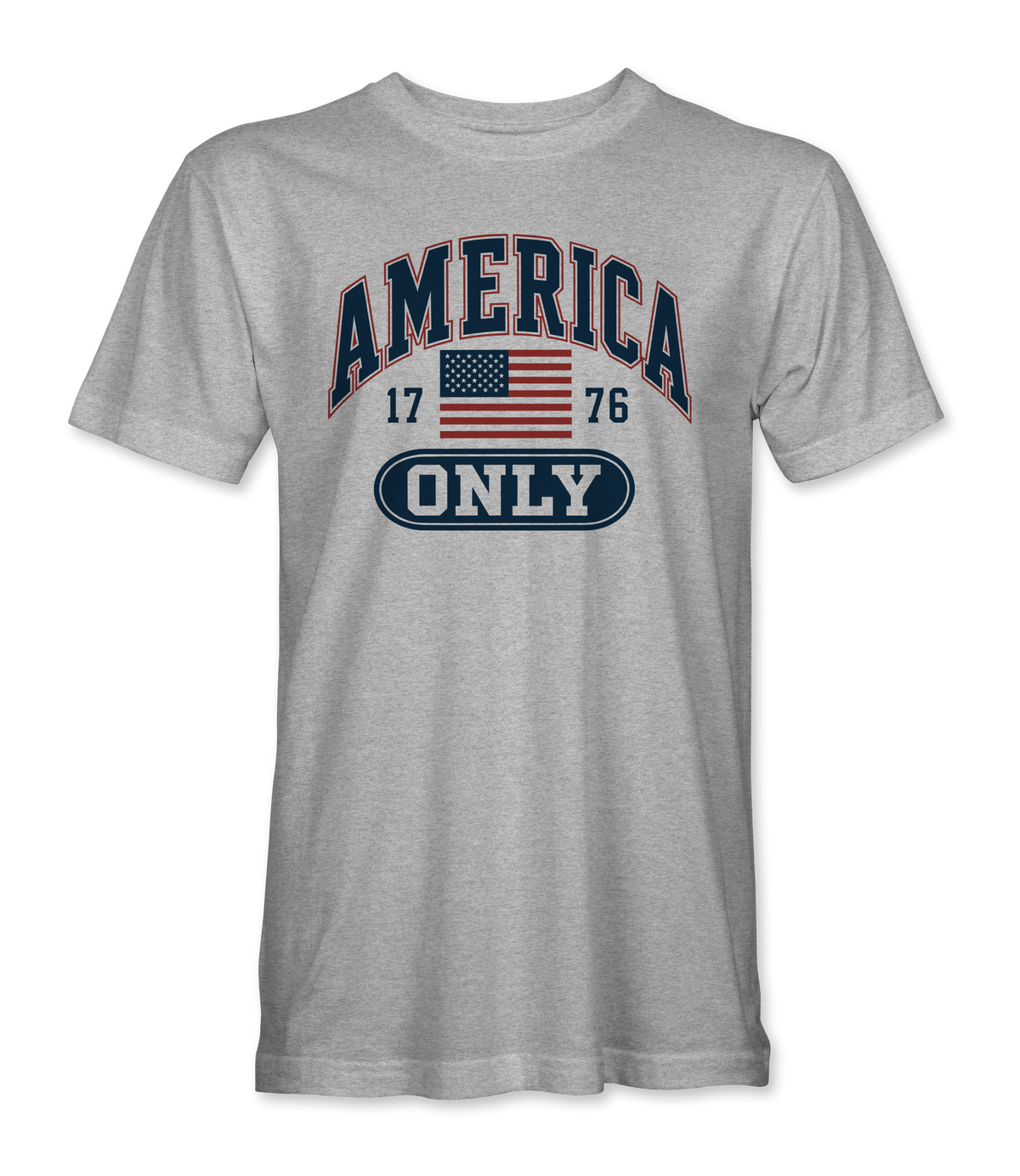The Alex Jones Store - Front of heather gray America Only Collegiate t-shirt with navy arched AMERICA lettering, 1776 flag and ONLY pill