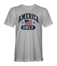 The Alex Jones Store - Front of heather gray America Only Collegiate t-shirt with navy arched AMERICA lettering, 1776 flag and ONLY pill