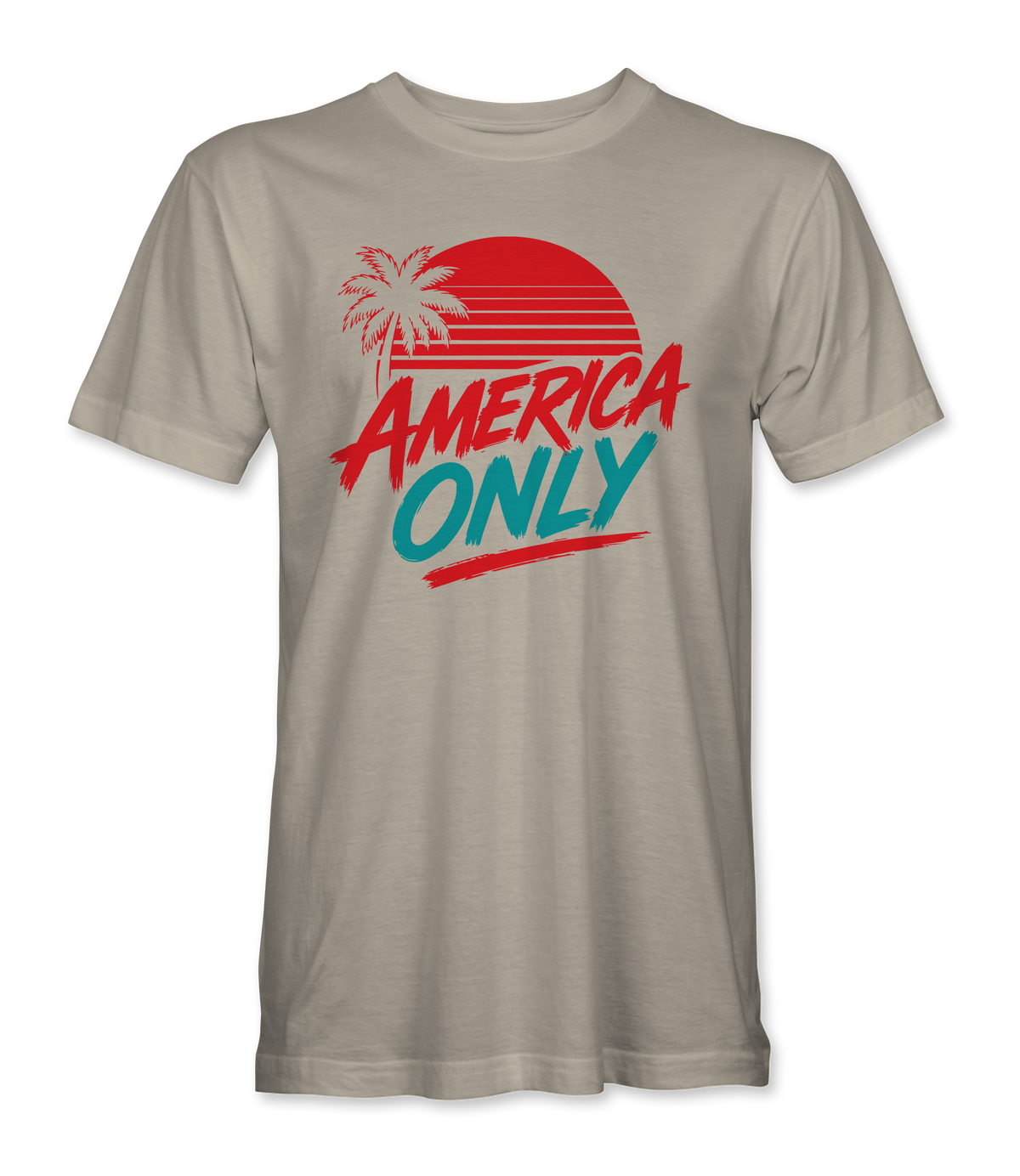 The Alex Jones Store - Front of tan America Only Tropical Sunset t-shirt with red palm tree, striped sun and teal ONLY lettering