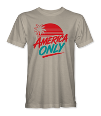 The Alex Jones Store - Front of tan America Only Tropical Sunset t-shirt with red palm tree, striped sun and teal ONLY lettering