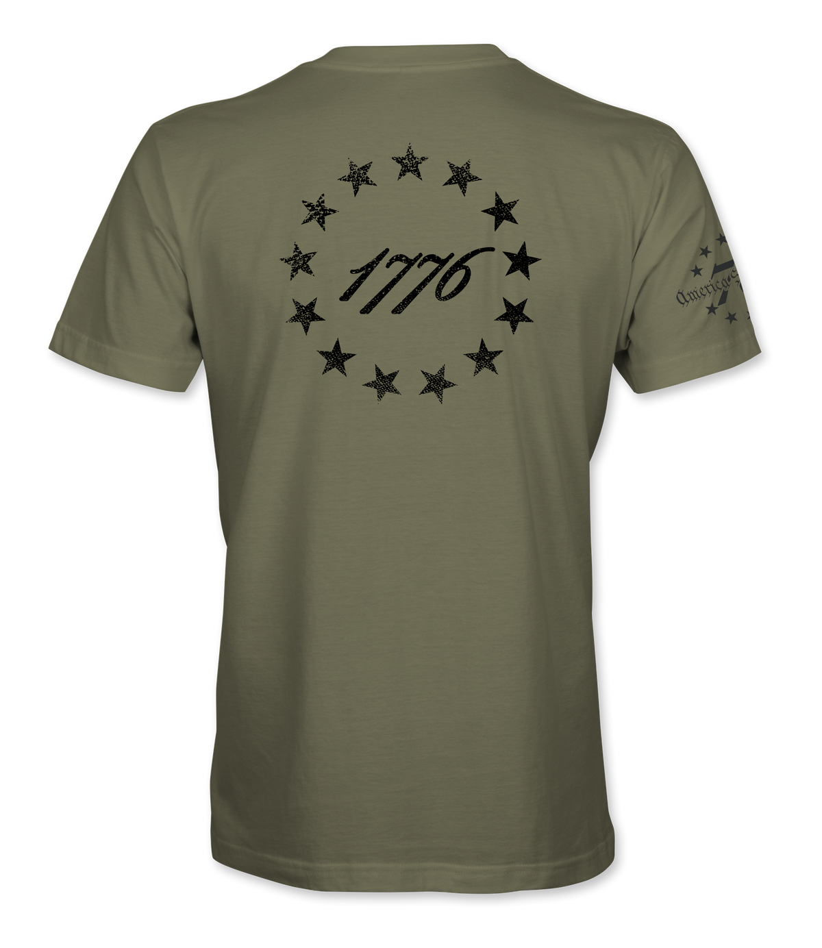The Alex Jones Store - Back of olive green 1776 America Supply Co t-shirt with black 13-star Betsy Ross ring around 1776 numerals